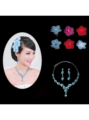 Blue Crystal Round Shaped Jewelry Set Including Necklace And Headflower