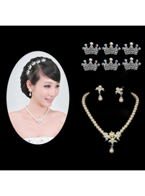 Elegant Alloy With Pearl Wedding Jewelry Set Including Necklace Earrings And Headpiece