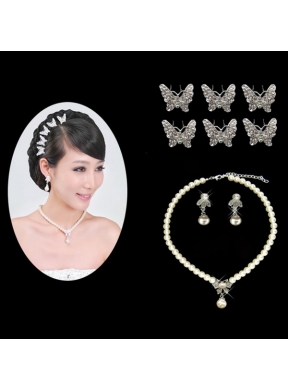 Fashionable Alloy WithPearls Wedding Jewelry Set Including Necklace Earrings And Headpiece