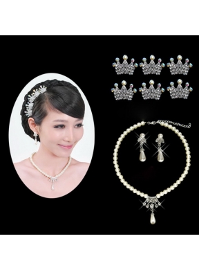 Gorgeous Alloy with Pearls Wedding Jewelry Set Including Necklace Earrings and Tiaras