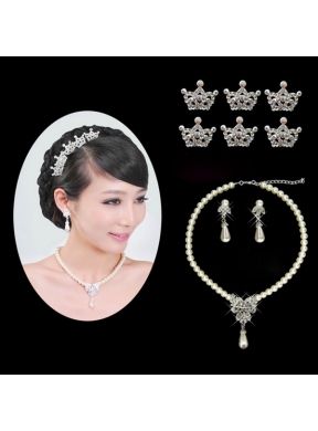 Gorgeous Alloy With Rhinestone Pearls Jewelry Set Including Necklace Earrings and Tiara