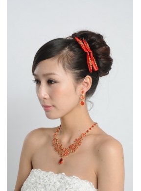 Red Alloy and Imitation Jewelry Set Including Necklace And Earrings