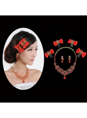 Red Alloy and Imitation Jewelry Set Including Necklace And Earrings