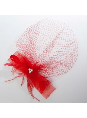 Romantic Red Feather Net Yarn Briadl Hat with Imitation Pearls