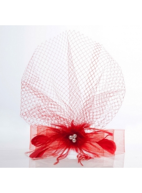 Romantic Red Feather Net Yarn Briadl Hat with Imitation Pearls