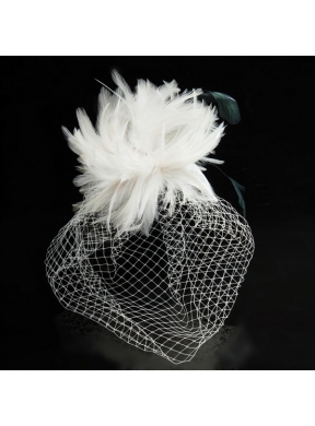 White Feather Elegant Net Yarn Briadl Hat with Imitation Pearls