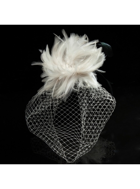 White Feather Elegant Net Yarn Briadl Hat with Imitation Pearls