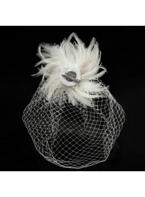 White Feather Elegant Net Yarn Briadl Hat with Imitation Pearls