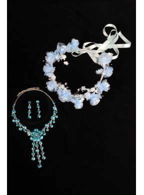 Blue Flowers Rhinestone Jewelry Set Including Necklace And Earrings