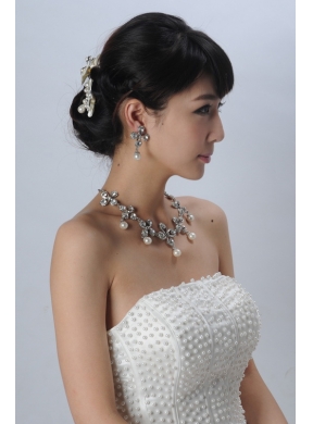 Bowknot Pearl and Rhinestone Necklace Earring Jewelry Set