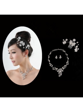 Butterfuly Rhinestone and Pearl Necklace Headpiece Wedding Jewelry Set