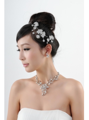 Butterfuly Rhinestone and Pearl Necklace Headpiece Wedding Jewelry Set