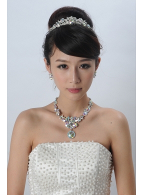 Multi Color Crystal Round Shaped Jewelry Set Including Necklace Tiara