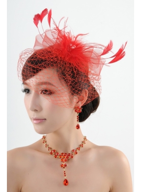 Red Crystal Wedding Jewelry Set With Necklace and Feather Headpiece