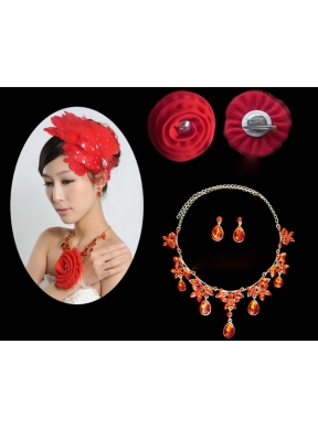 Red Crystals Alloy Plated Necklace And Earrings Jewelry Set