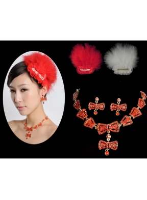 Red Luxurious Rhinestone Ladies Jewelry Set Including Necklace And Headpiece