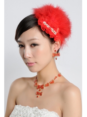 Red Luxurious Rhinestone Ladies Jewelry Set Including Necklace And Headpiece