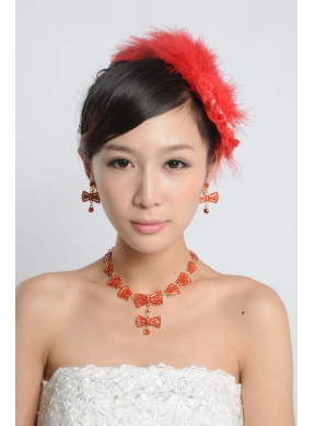 Red Luxurious Rhinestone Ladies Jewelry Set Including Necklace And Headpiece