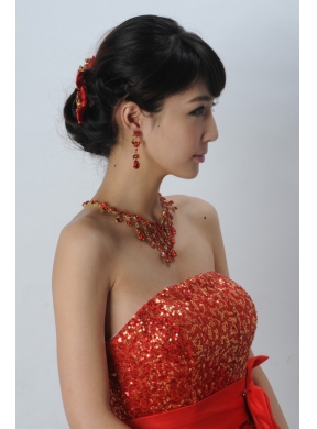 Exquisite Red Intensive Jewelry Set Necklace And Head Bowknot