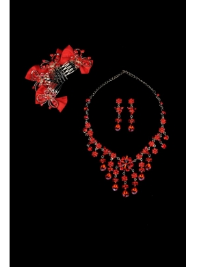 Exquisite Red Intensive Jewelry Set Necklace And Head Bowknot