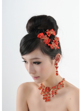 Exquisite Red Intensive Jewelry Set Necklace And Head Bowknot