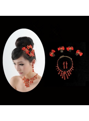 Exquisite Red Intensive Jewelry Set Necklace And Head Bowknot