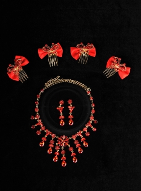 Exquisite Red Intensive Jewelry Set Necklace And Head Bowknot