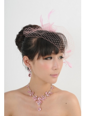 Pink Luxurious Rhinestone Ladies' Jewelry Set Including Necklace And Headpiece