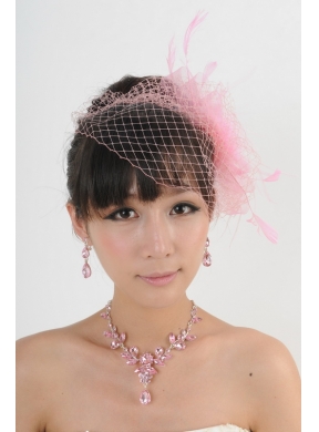 Pink Luxurious Rhinestone Ladies' Jewelry Set Including Necklace And Headpiece