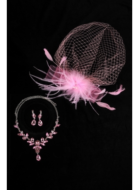 Pink Luxurious Rhinestone Ladies' Jewelry Set Including Necklace And Headpiece