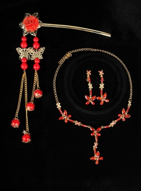 Red Rhinestone Dignified Necklace And Earring Set For Ladies