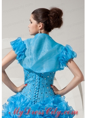 Modest Open Front and Ruffles Quinceanera Jacket in Baby Blue For 2014