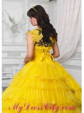 Beautiful Yellow Tulle Quinceanera Jacket with Appliques and Ruffles