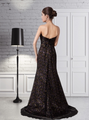 Beautiful Black Column Sweetheart Print Chiffon Prom Dress with Beading