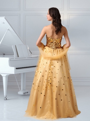 A Line Sweetheart Sequins and Tulle Prom Dress in Gold