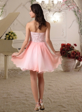 Pink A Line Sweetheart Mini Length Chiffon Beading Prom Dress