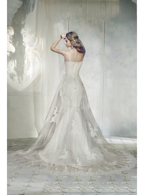 2014 Elegant Straps Chapel Train Lace Wedding Dresses with Appliques