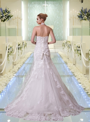 2014 Mermaid Halter Wedding Dresses with Brush Train