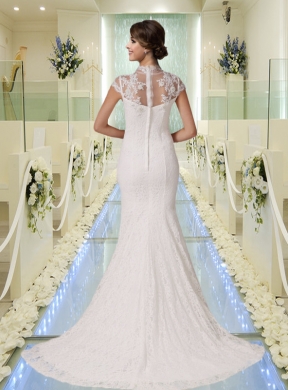 2015 Elegant Mermaid High Neck Lace Wedding Dress with Short Sleeves