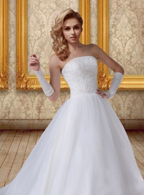 2015 Lace Chapel Train Ball Gown Wedding Dress with Strapless