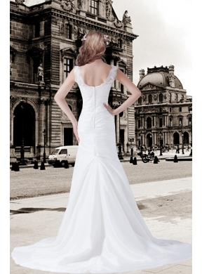 Column V Neck Appliques Lace Wedding Dress with Brush Train