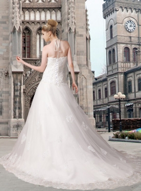 Elegant A Line Halter Chapel Train Beading Wedding Dresses with Lace