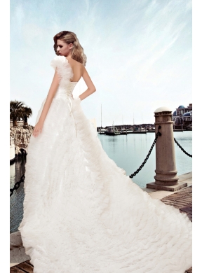 Elegant Beading A Line Chapel Train Wedding Dress with One Shoulder