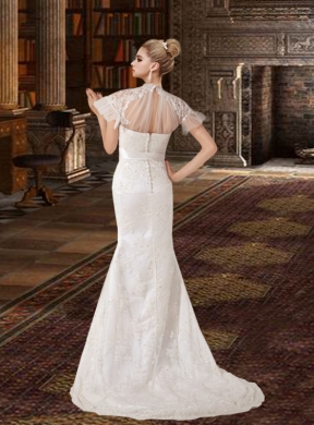 Fashionable Column Brush Train Lace 2015 Wedding Dresses with High Neck