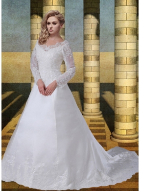 Lace 2015 A Line V Neck Long Sleeves Lace Wedding Dresses with Court Train