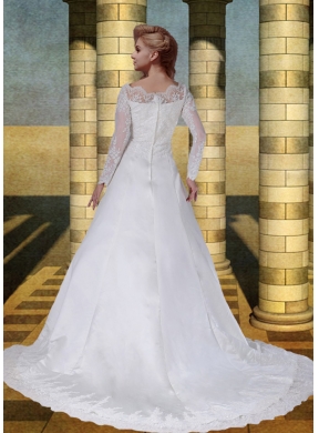 Lace 2015 A Line V Neck Long Sleeves Lace Wedding Dresses with Court Train