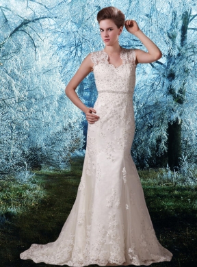 Lace Wide Straps Court Train Beading Open Back 2015 Wedding Dress