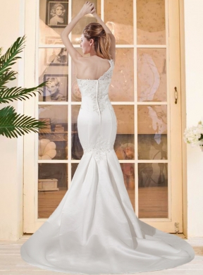 Mermaid One Shoulder Court Train Wedding Dresses with Lace