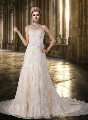 Peach Chapel Train Strapless 2015 A Line Lace Wedding Dress