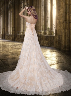 Peach Chapel Train Strapless 2015 A Line Lace Wedding Dress